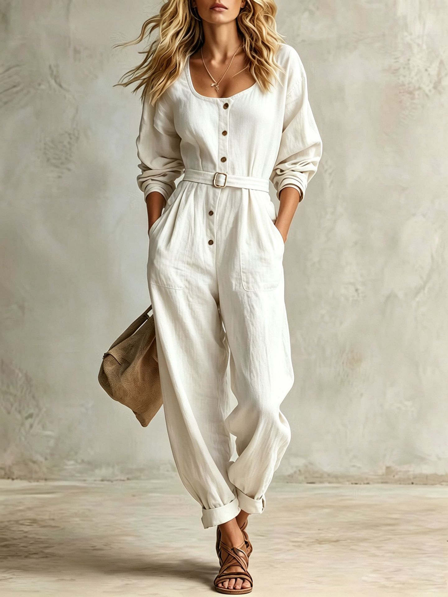 Women's Linen Square Neck Long Sleeve Jumpsuit with Belt