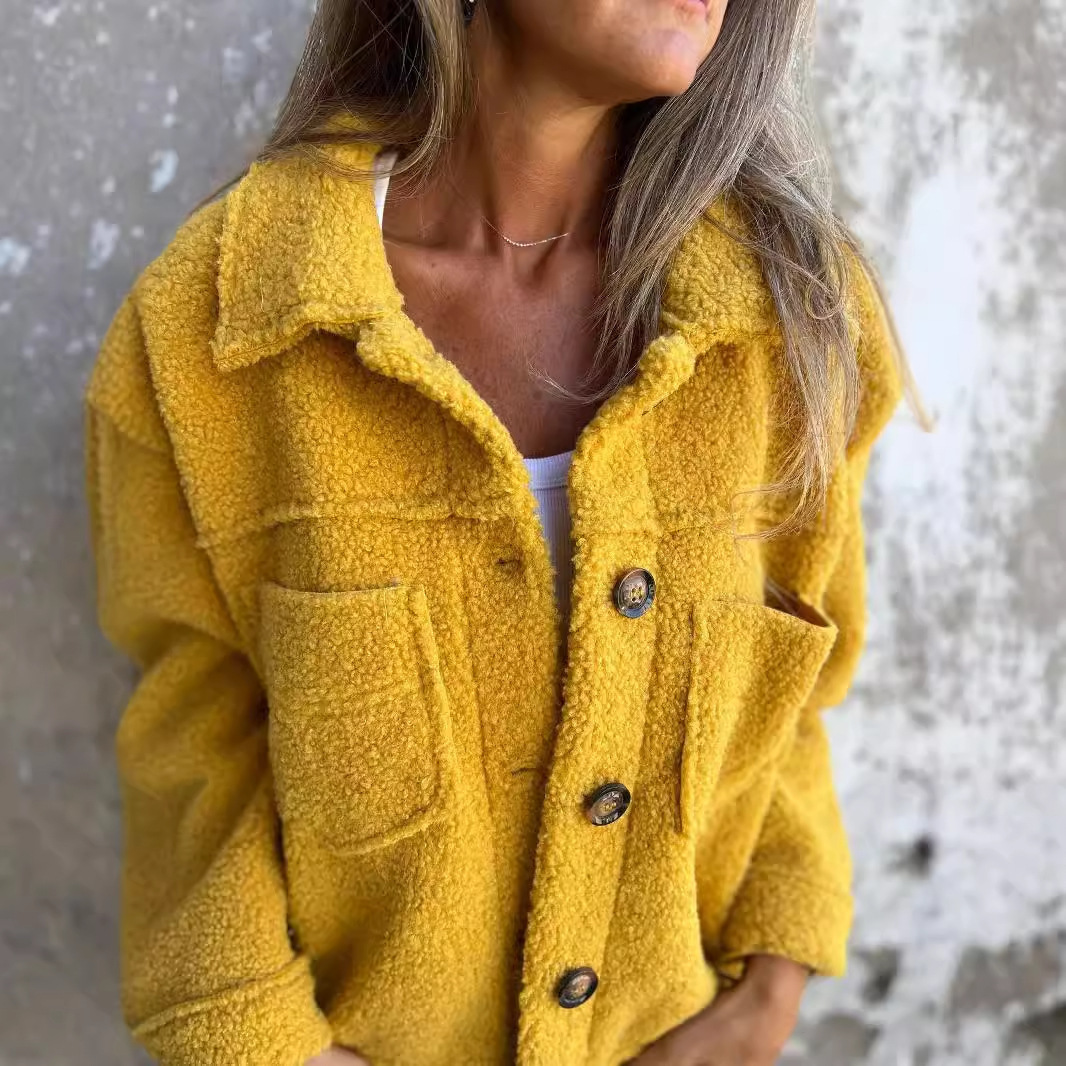 Women's Faux Shearling Coat with Lapel Collar and Single-Breasted Button Front