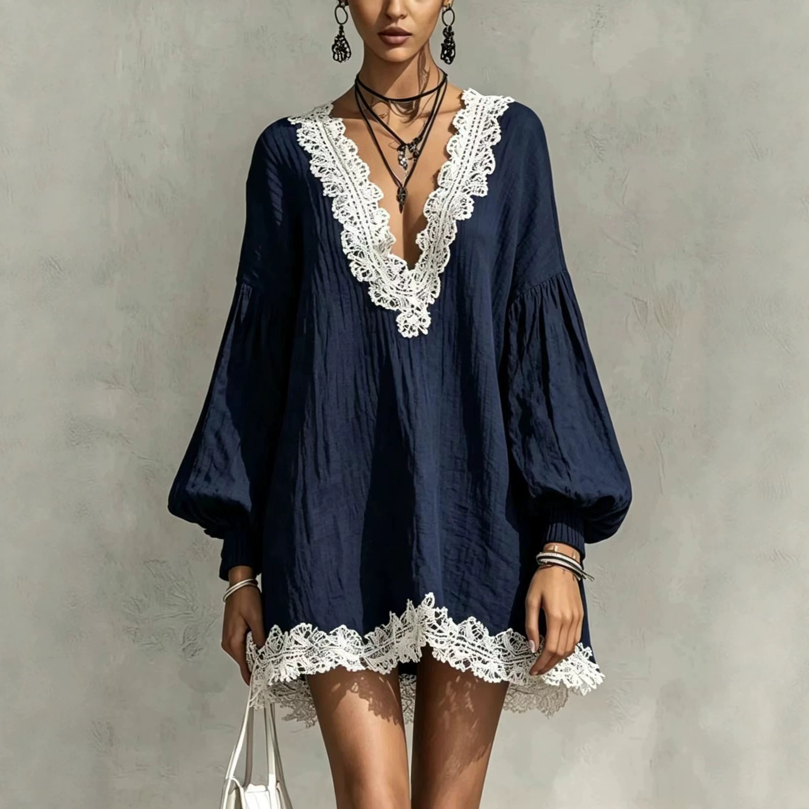Color-Block V-Neck Lace Trim Lantern Sleeve Loose Dress
