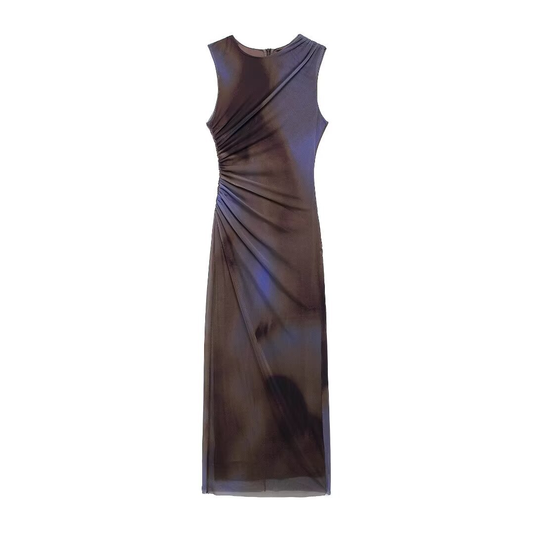 Women's Slim Fit Pleated Midi Dress Sleeveless Round Neck