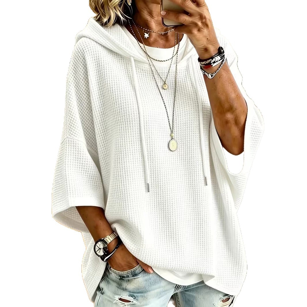 Women's Solid Waffle Print Casual Hoodie
