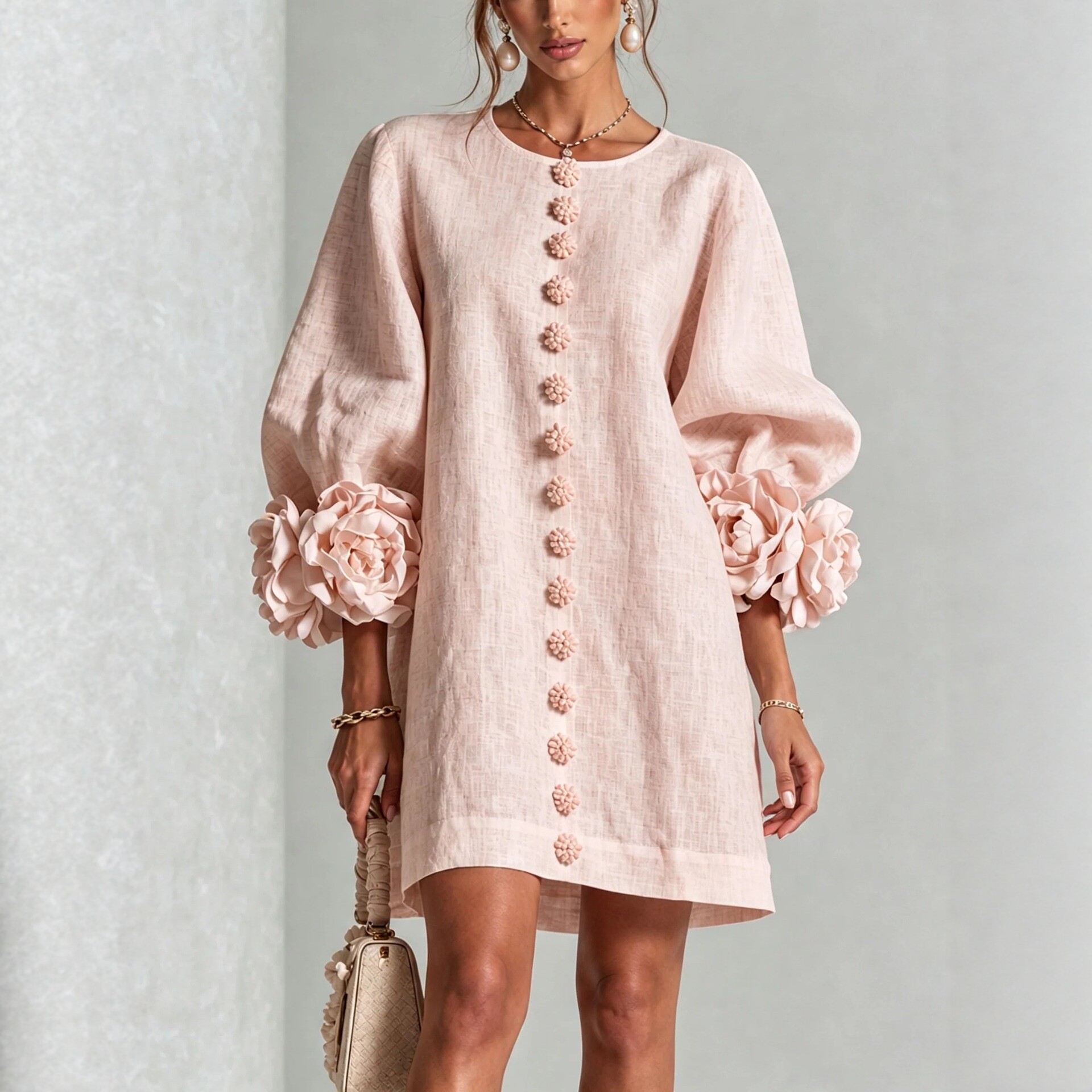 French 3D Floral Lantern Sleeve Cotton-Linen Dress Crewneck Button-Front Loose Short
