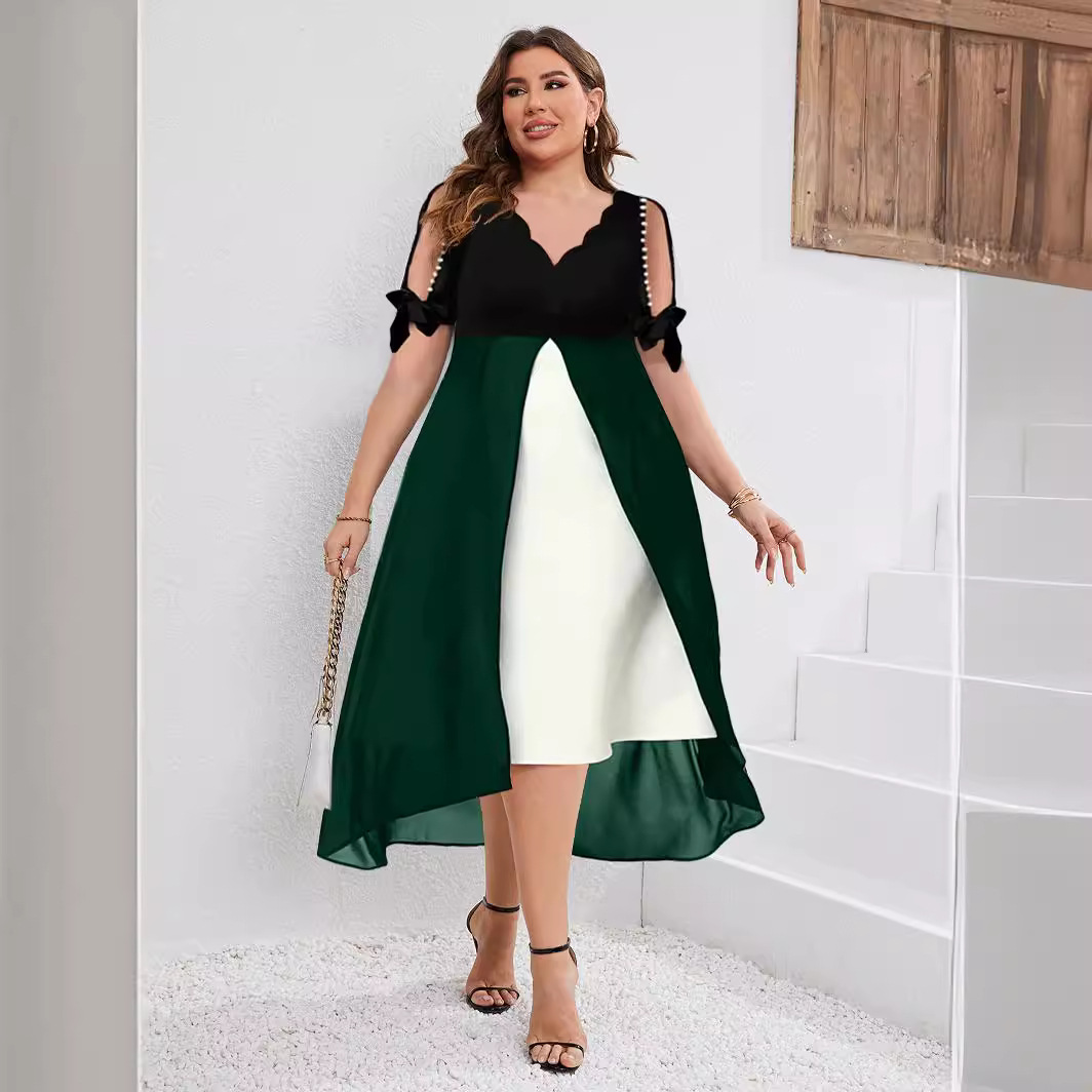 Plus Size V-Neck Faux Two-Piece Asymmetric Midi Dress
