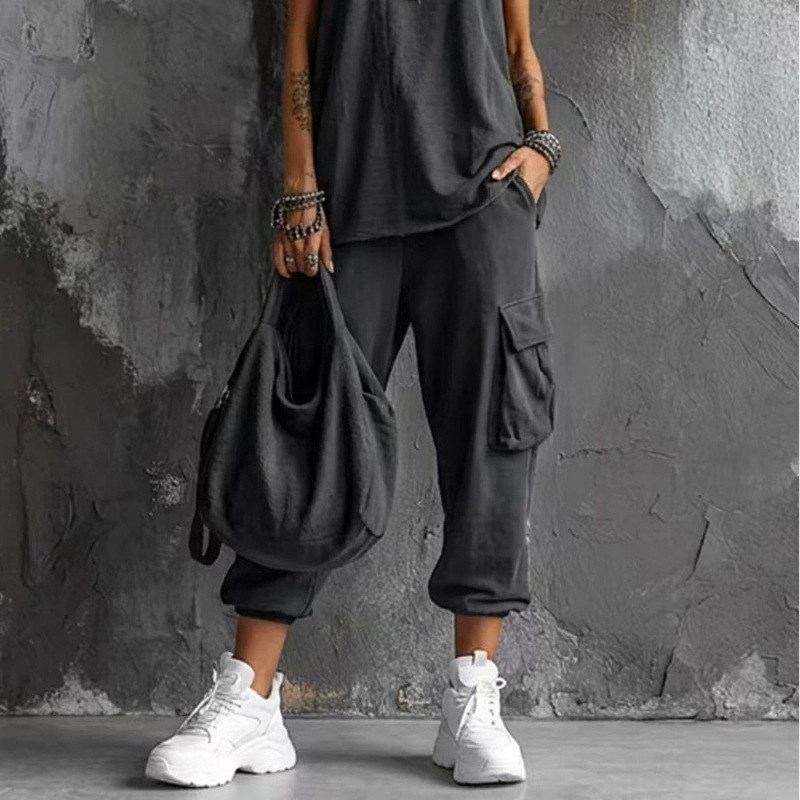 Heavyweight Solid Color Sleeveless Tank Top and Wide-Leg Cargo Pants Two-Piece Set