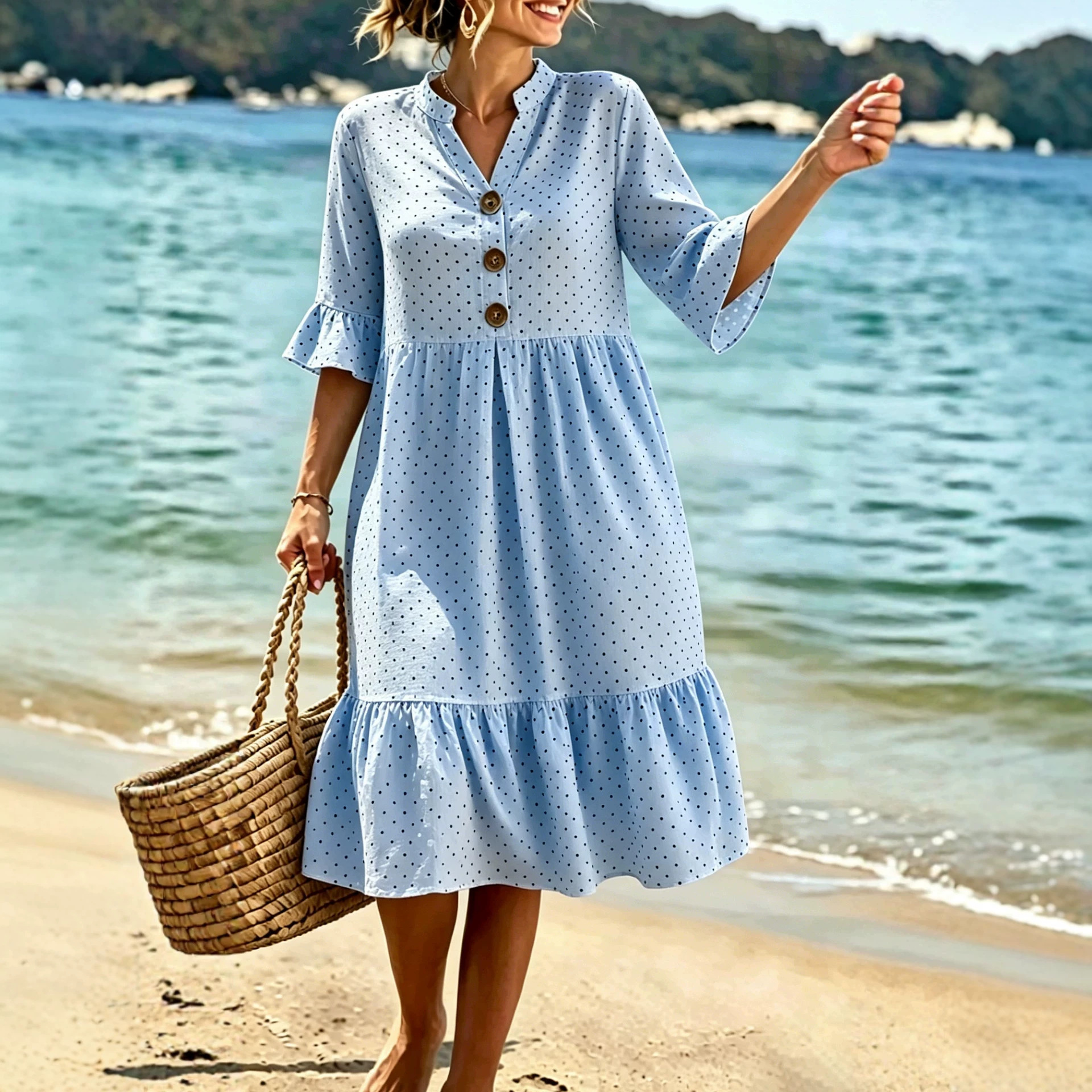 V-Neck Polka Dot Ruffle Sleeve Boho Short Sleeve Vacation Dress
