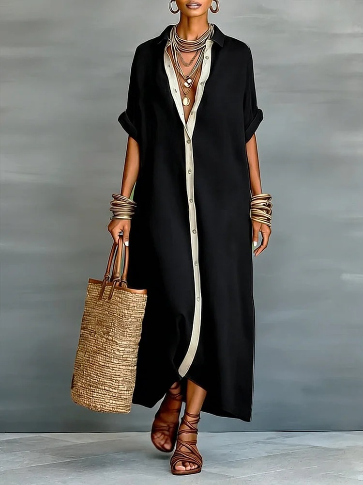 Women's Color-Block Cotton-Linen Shirt Dress V-Neck A-Line Midi
