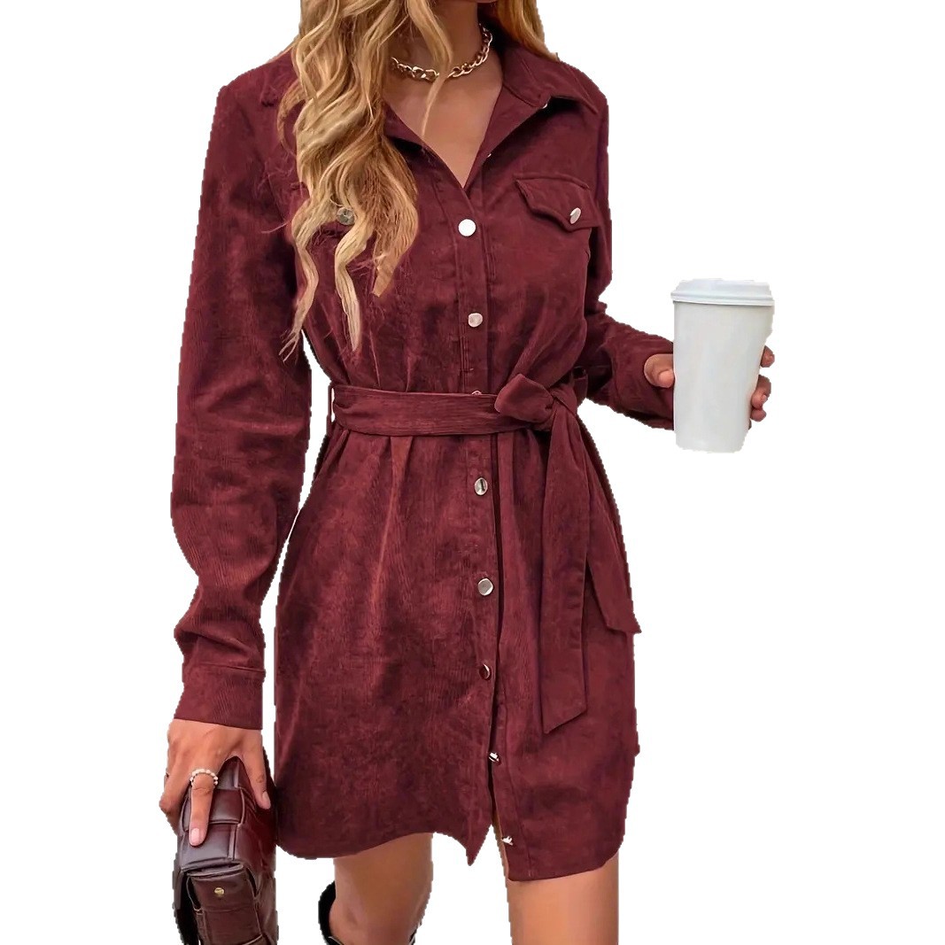 Corduroy Shirt Dress with Belt and Flap Pockets