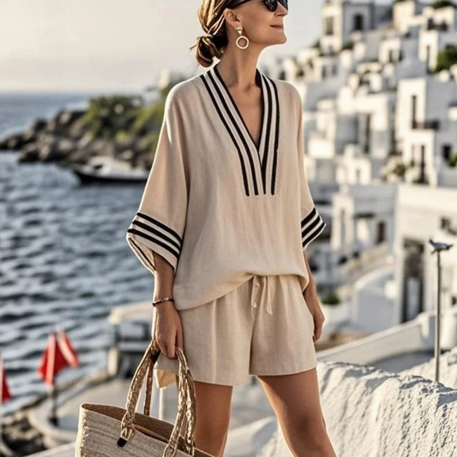Colorblock Striped Short Sleeve T-Shirt and Shorts Set