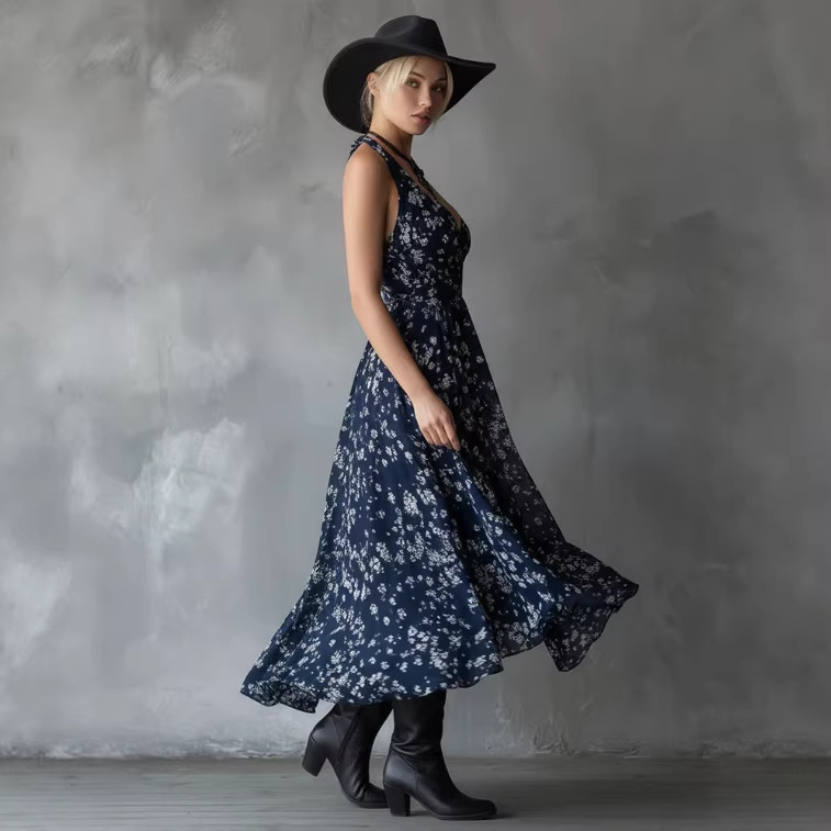 Vintage Floral Print Navy Chiffon Maxi Dress