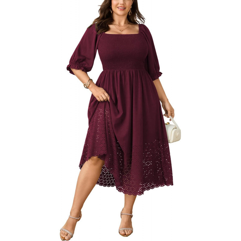 Plus Size Square Neck Cutout Ruched A-Line Boho Midi Dress