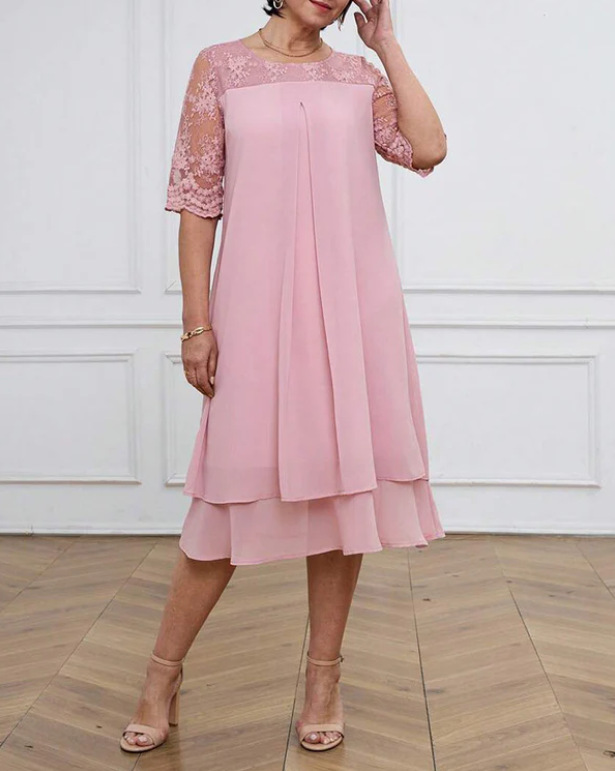 Elegant Solid Lace Half-Sleeve Round-Neck Midi Dress