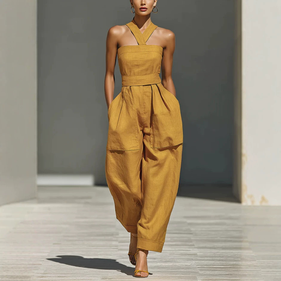 Linen-Blend Cross Halter Neck Loose Women's Jumpsuit