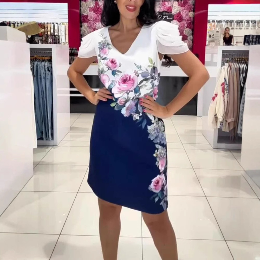 V-Neck Floral Print Midi Dress with Ruffle Sleeves