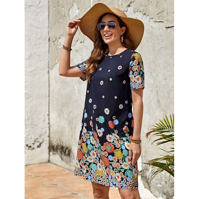 Women's Summer Short Sleeve Printed Round Neck Dress