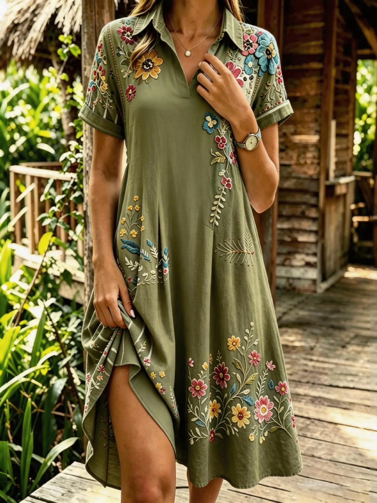 Women's Floral Print Casual Midi Dress Short Sleeve Deep V-Neck Slim Fit