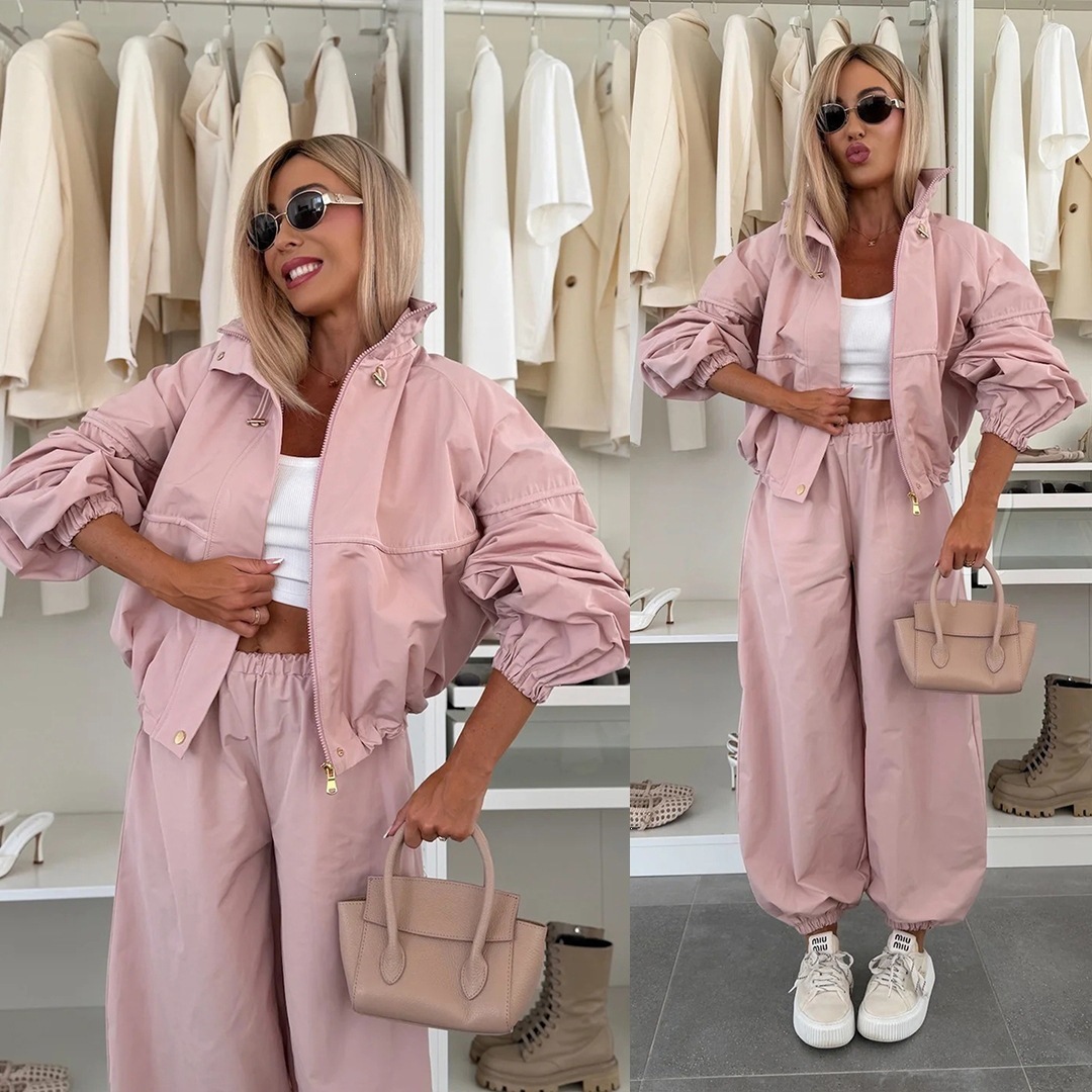 Women's Solid Color Zip-Up Collared Cardigan and Jogger Pants Two-Piece Set