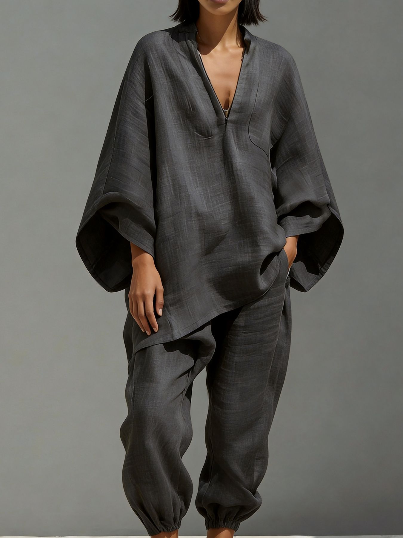Women's Deep V-Neck Batwing Sleeve Loose Casual Two-Piece Set