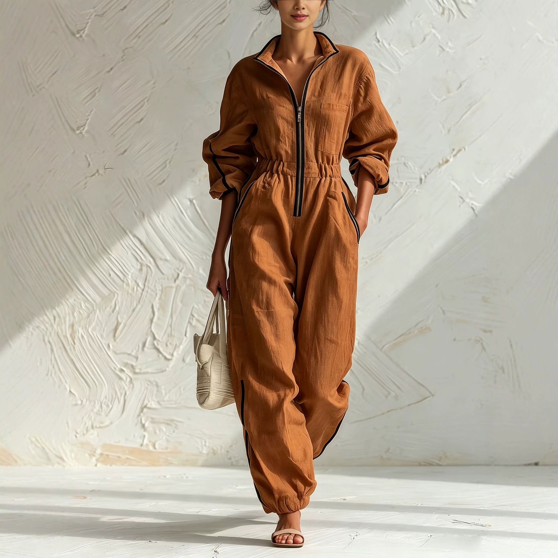 Women's Linen-Blend Zip-Front Jumpsuit with Contrast Trim and Elastic Waist