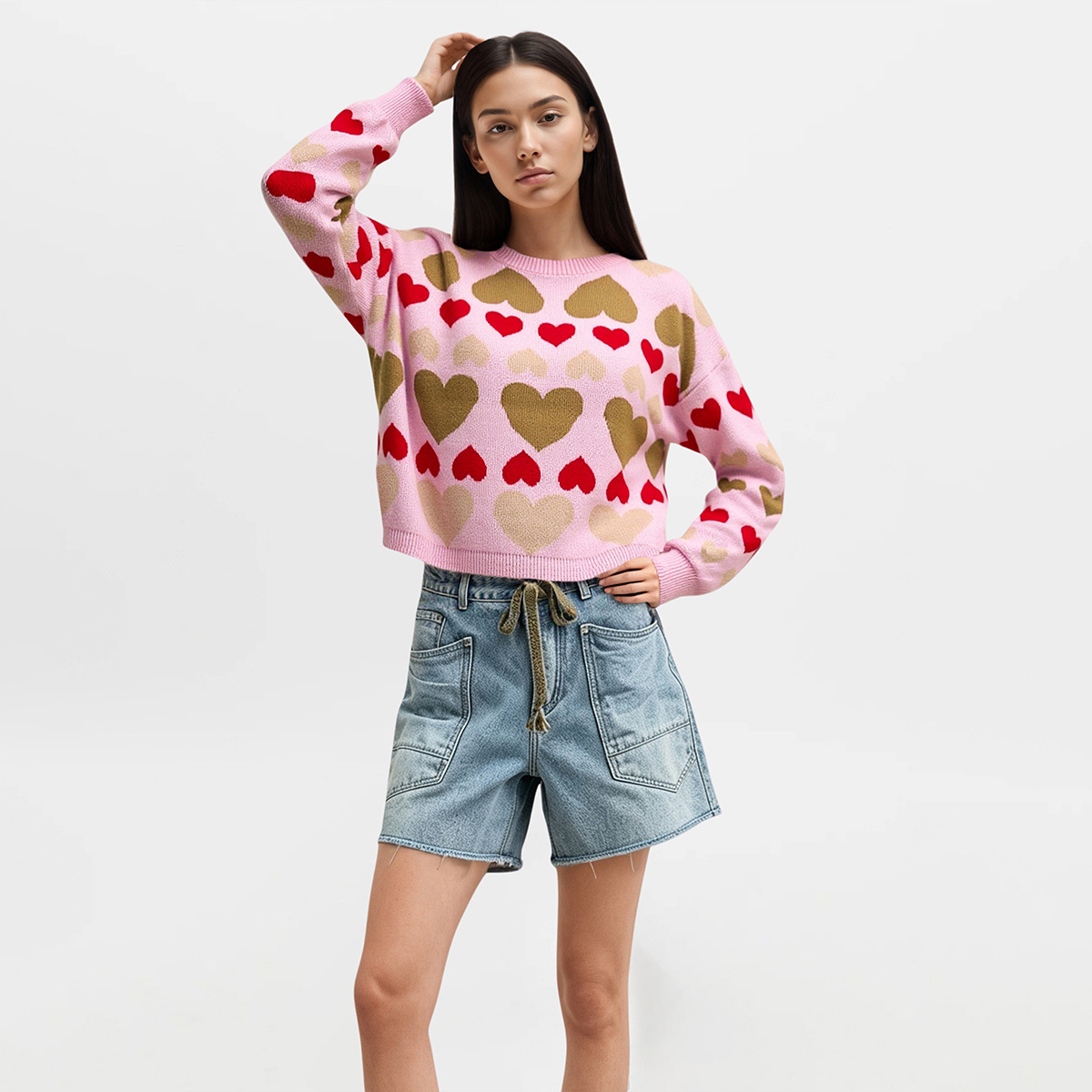 Women's Heart Pullover Sweater Long Sleeve Crew Neck Colorblock