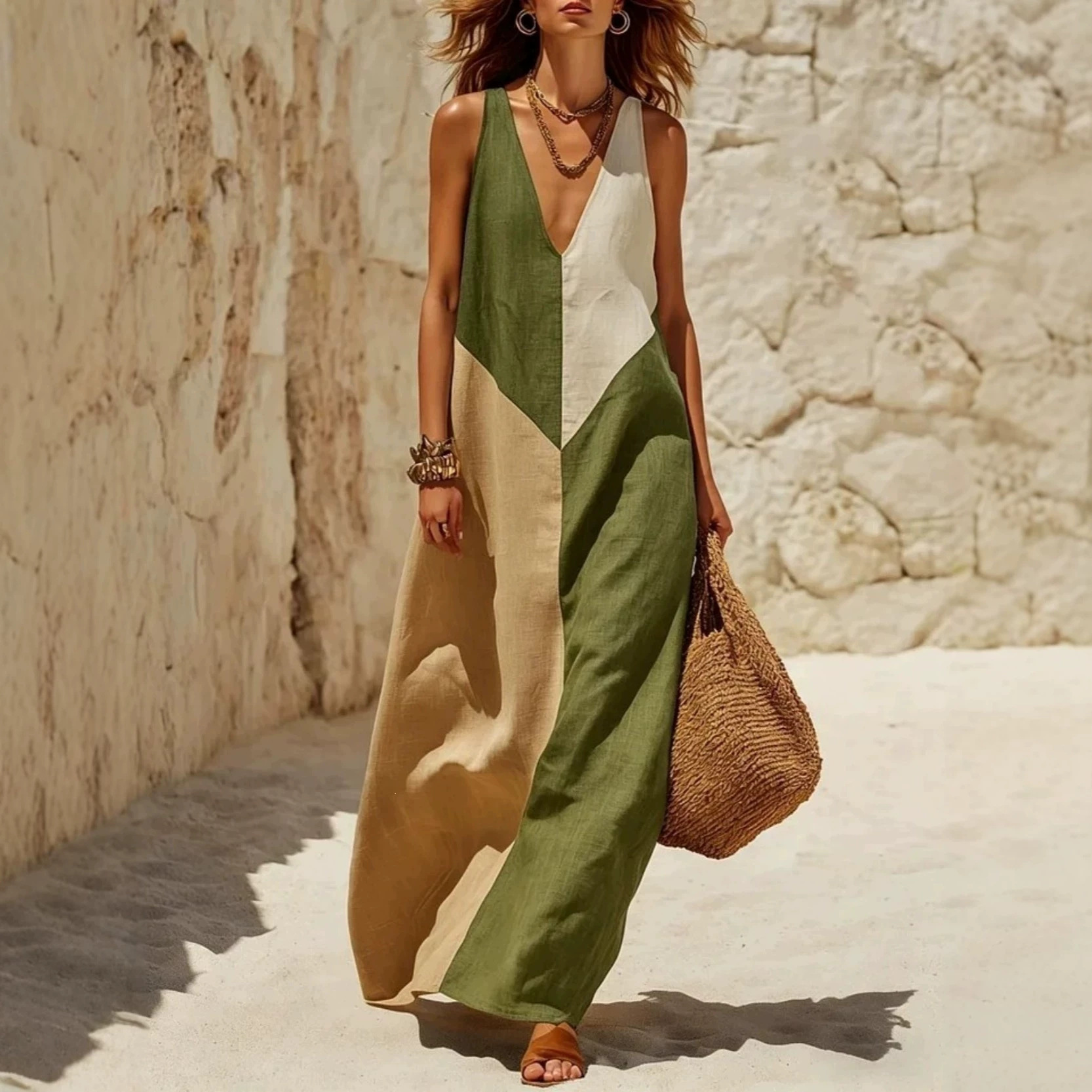 Women's Summer Loose Long Sleeveless V-Neck Colorblock Dress