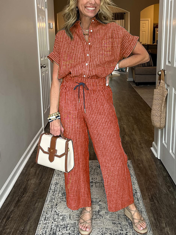 Women's Striped Two-Piece Set with Collared Short Sleeve Top and Straight-Leg Pants