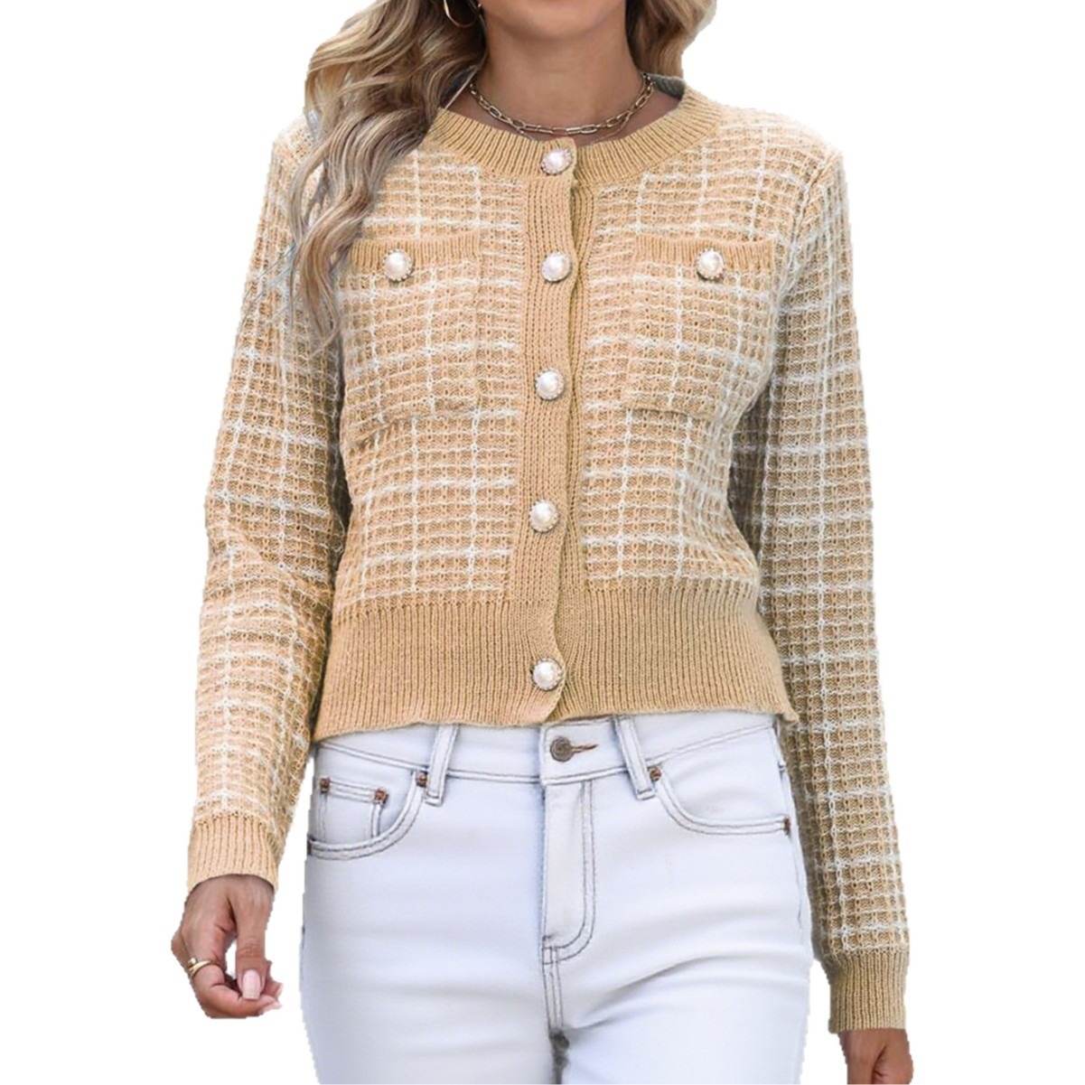 Plaid Knit Cardigan Short Jacket Women's Crewneck Long Sleeve