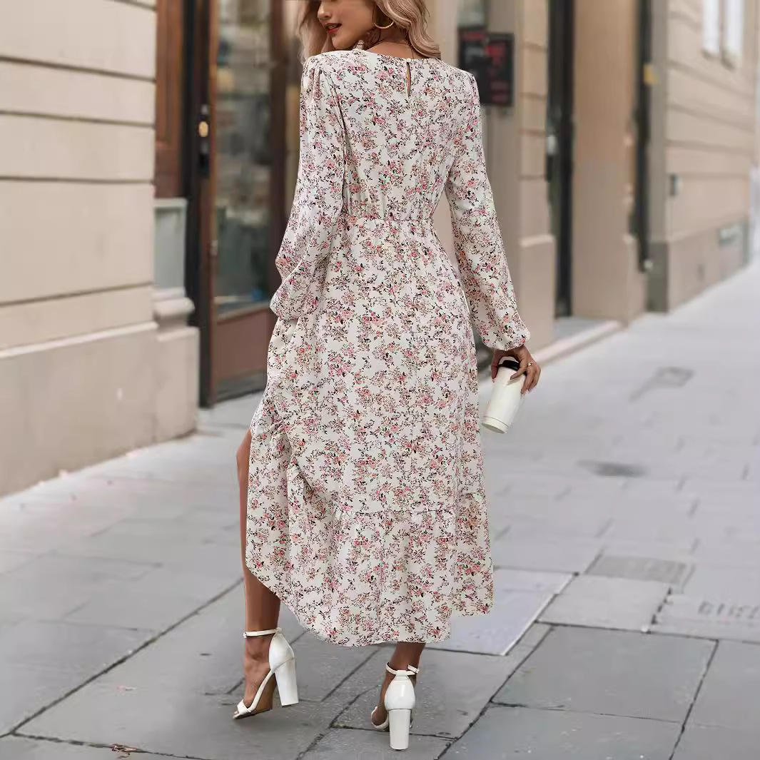 Women's Floral Print Round Neck Long Sleeve Ruffle Dress