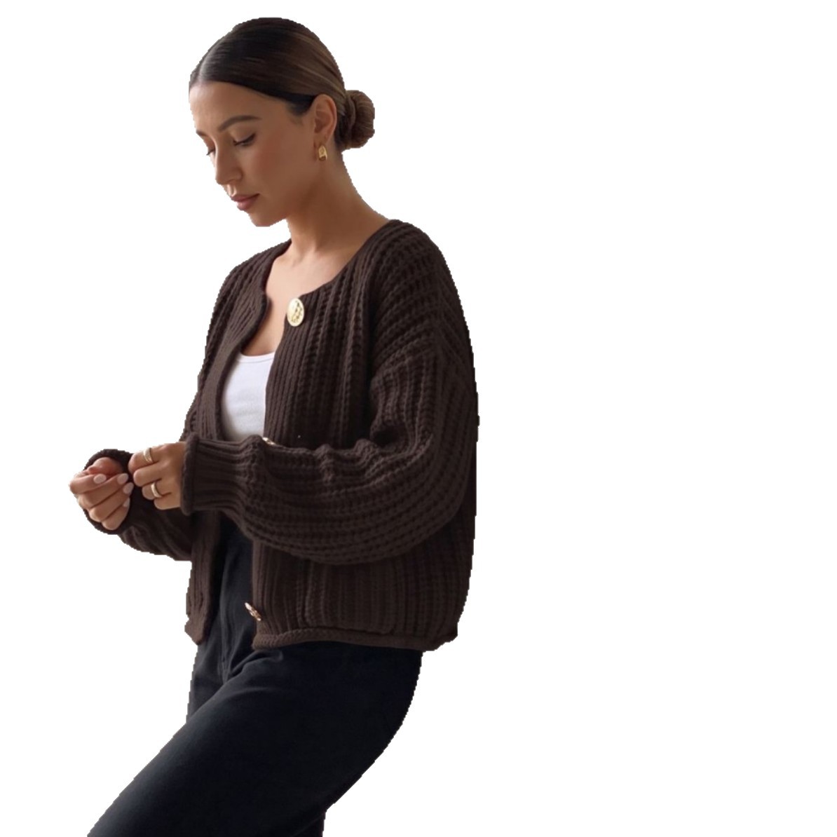 Women's Chunky Knit Cardigan with Metal Buttons, Round Neck, Relaxed Fit