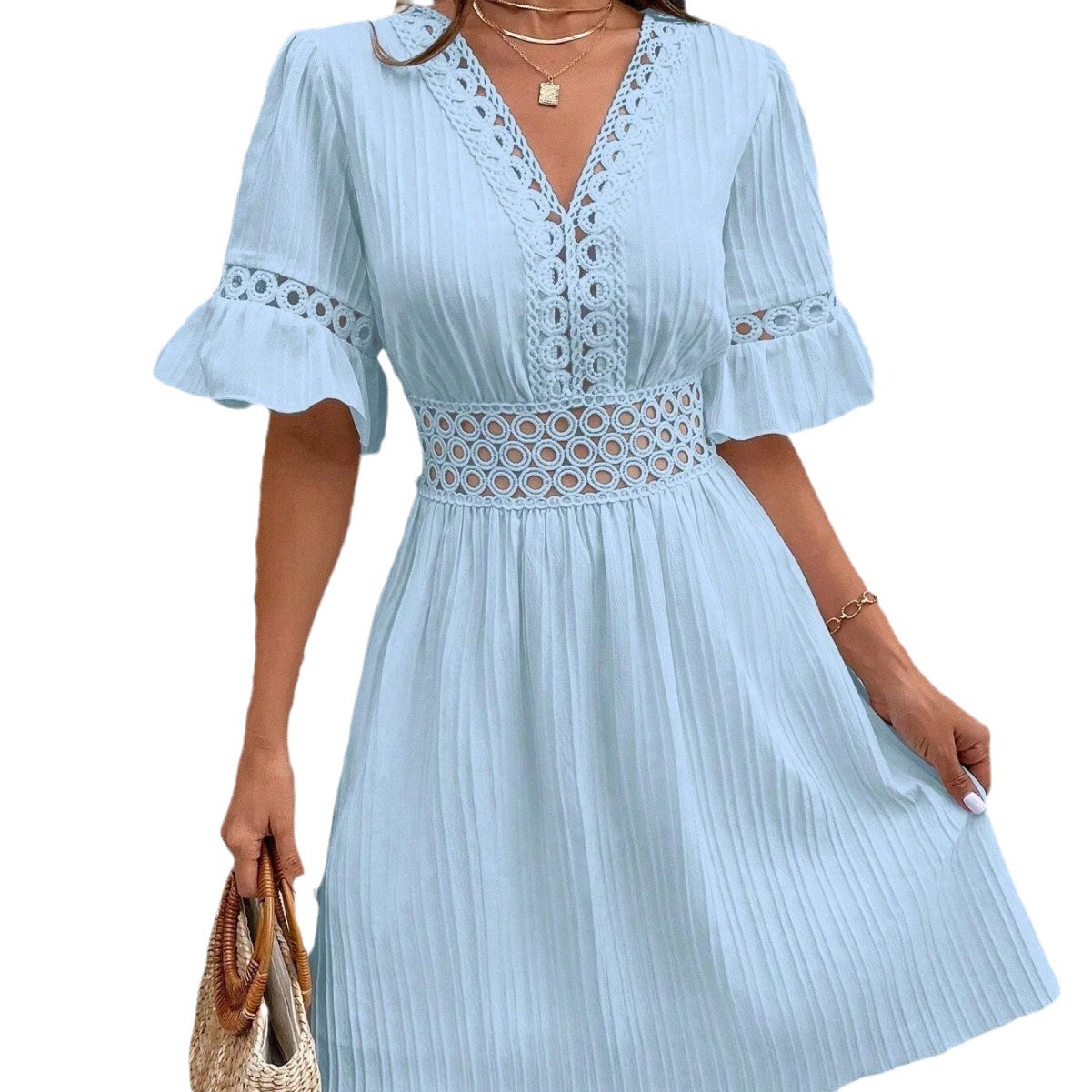 Women's Summer Lace Panel V-Neck Cinched Waist Solid Dress