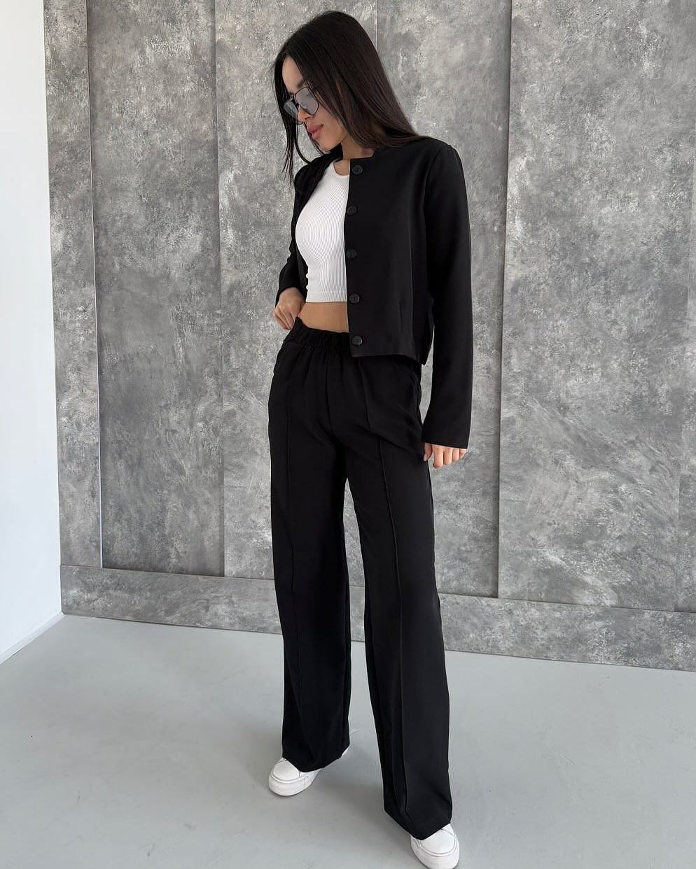 Women's Casual Long-Sleeve Blazer and Pants Set Solid Color Commuter Outfit