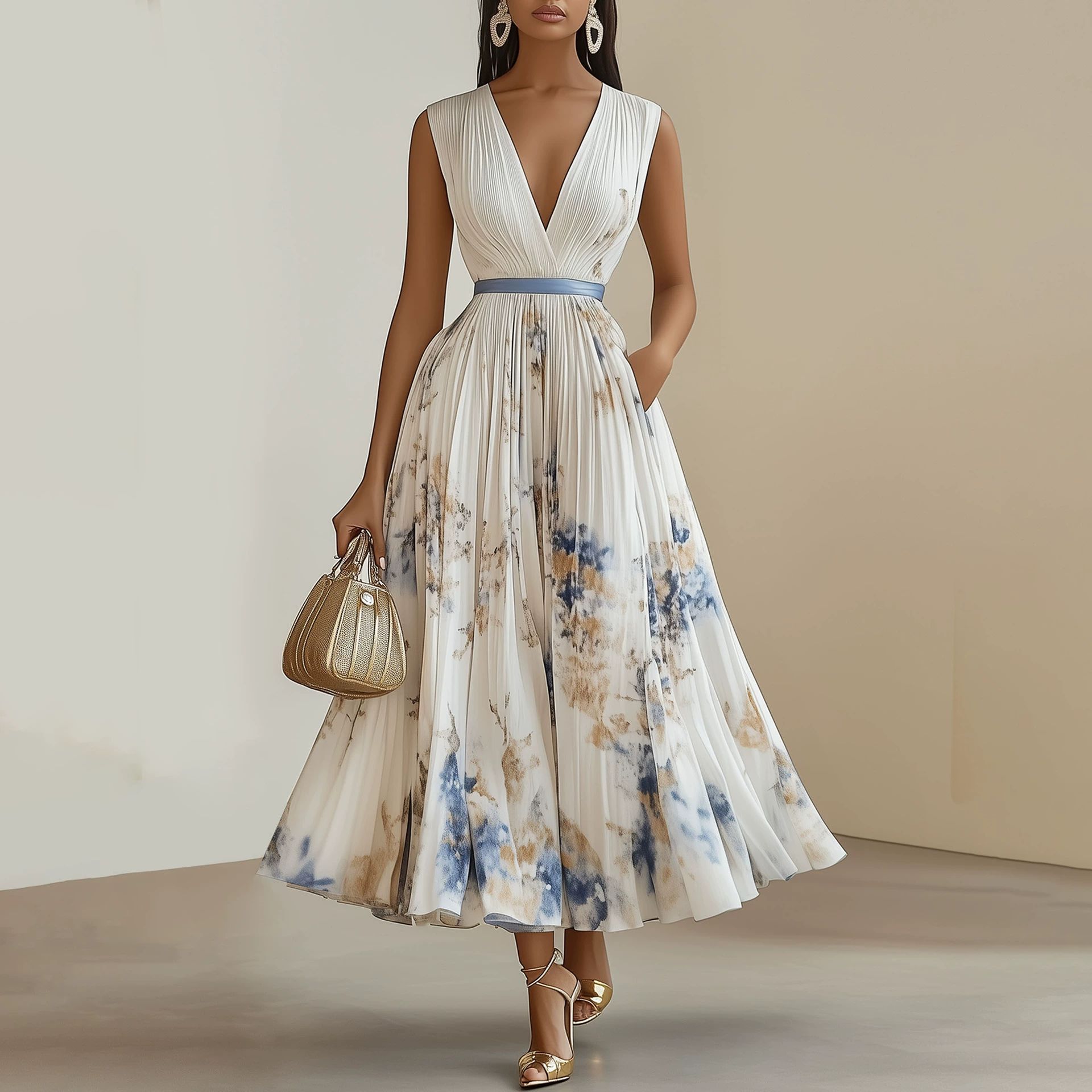 Digital Print V-Neck Sleeveless Pleated A-Line Maxi Dress