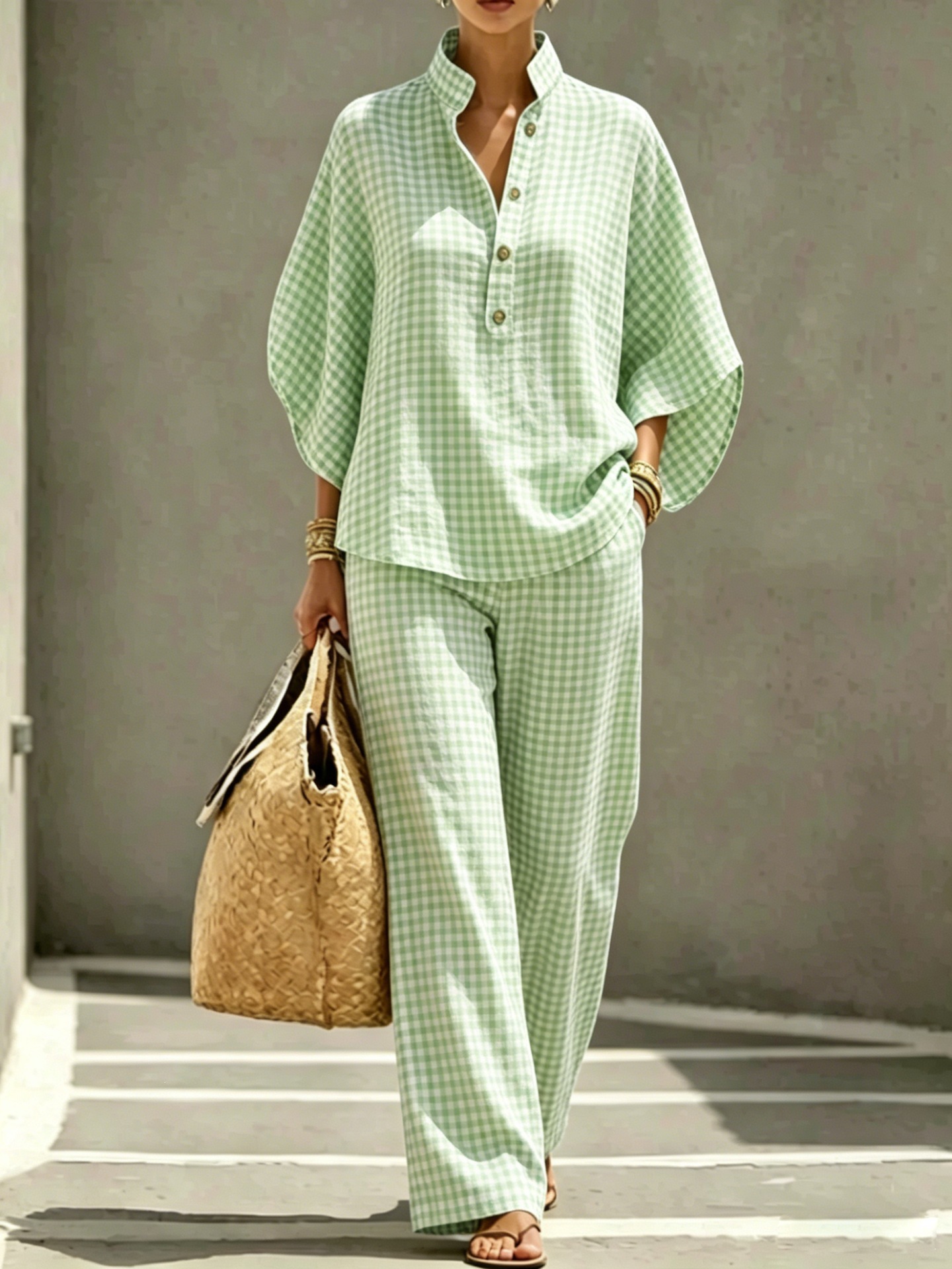 Women's Striped Plaid Print Long Sleeve Button Collared Top Set