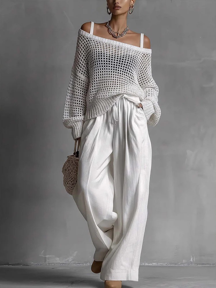 Women's Open-Knit Top & Cotton-Linen Pants Two-Piece Set