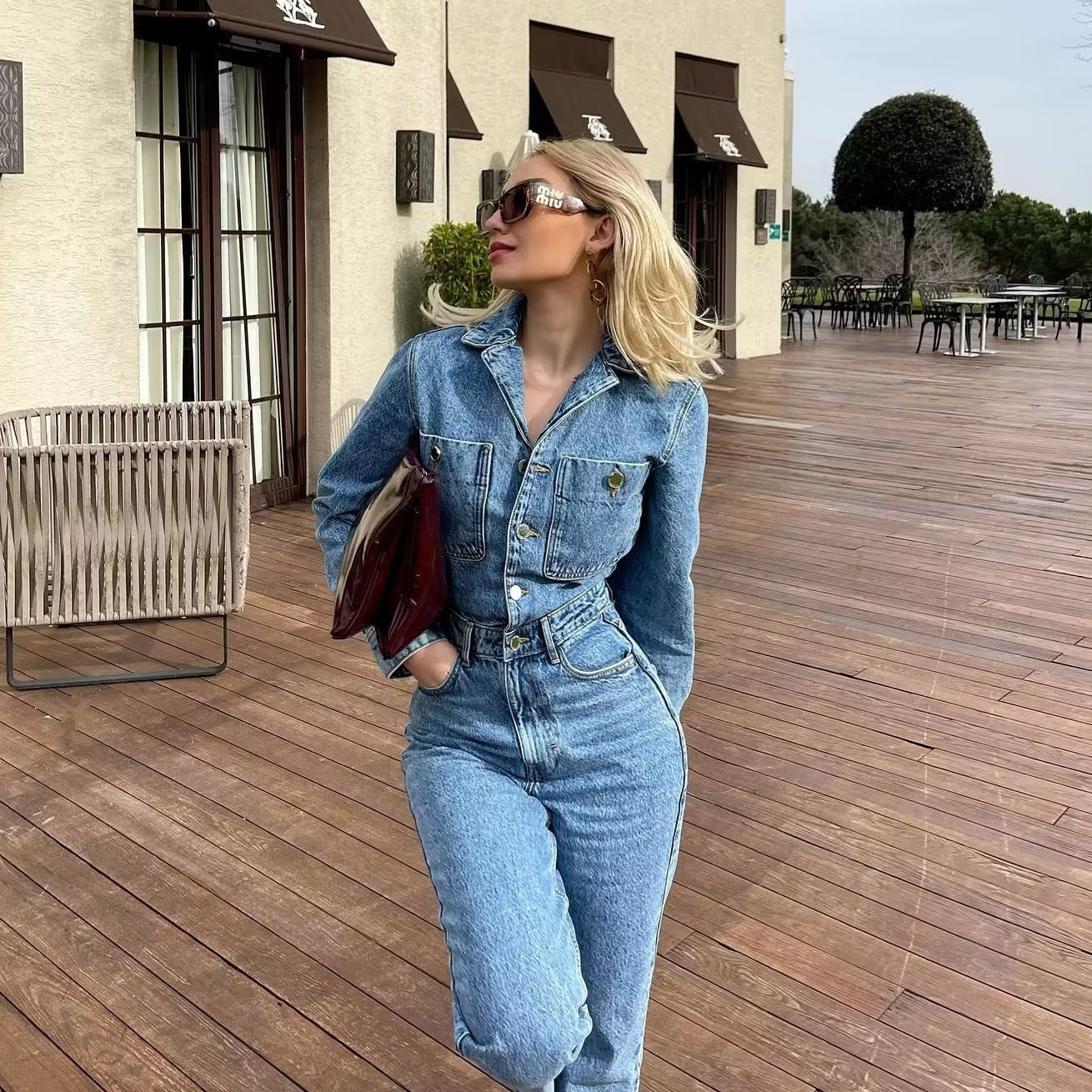 Women's Denim Jumpsuit with Blazer Collar and Waist Belt