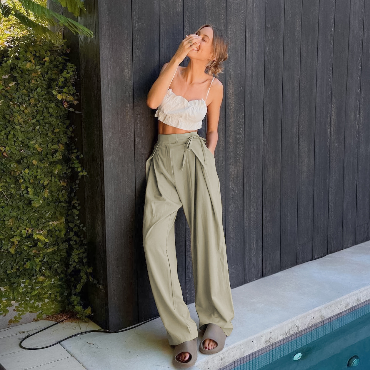 Women's High-Waist Straight-Leg Wide-Leg Pants with Drape, Loose Fit