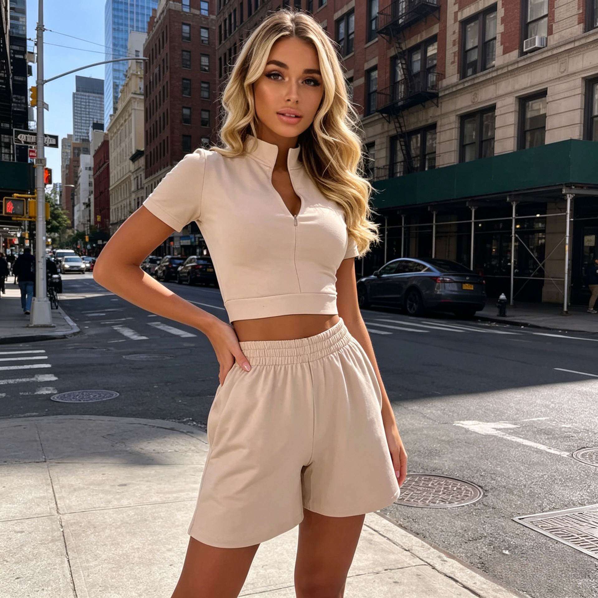 Women's Summer Short Sleeve Zip Top and Shorts Two-Piece Set