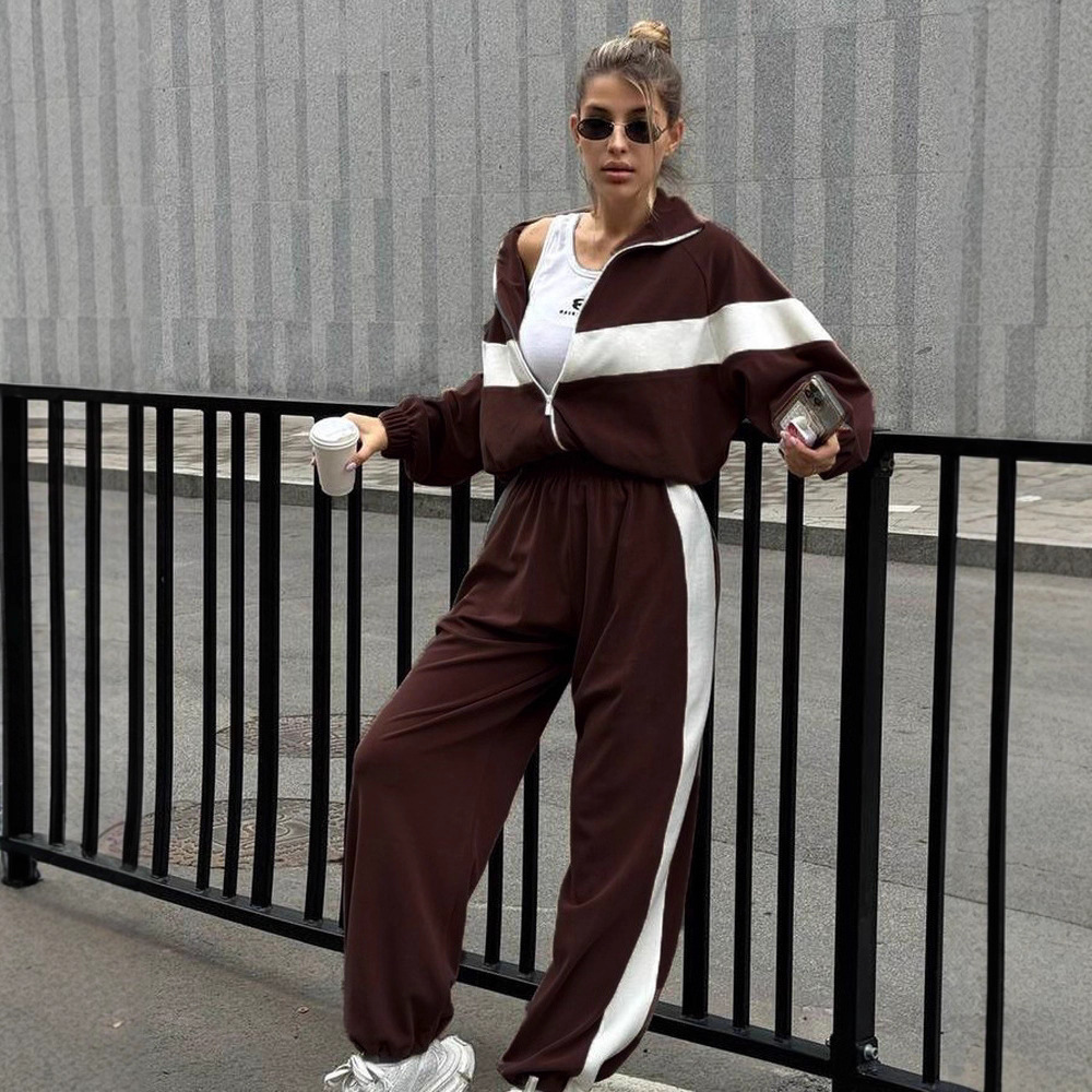 Women's Casual Colorblock Zip Cardigan and Pants Two-Piece Set