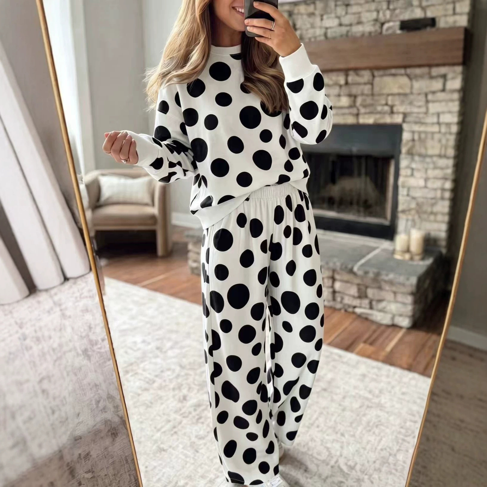 High-Waist Polka Dot Print Wide-Leg Two-Piece Set