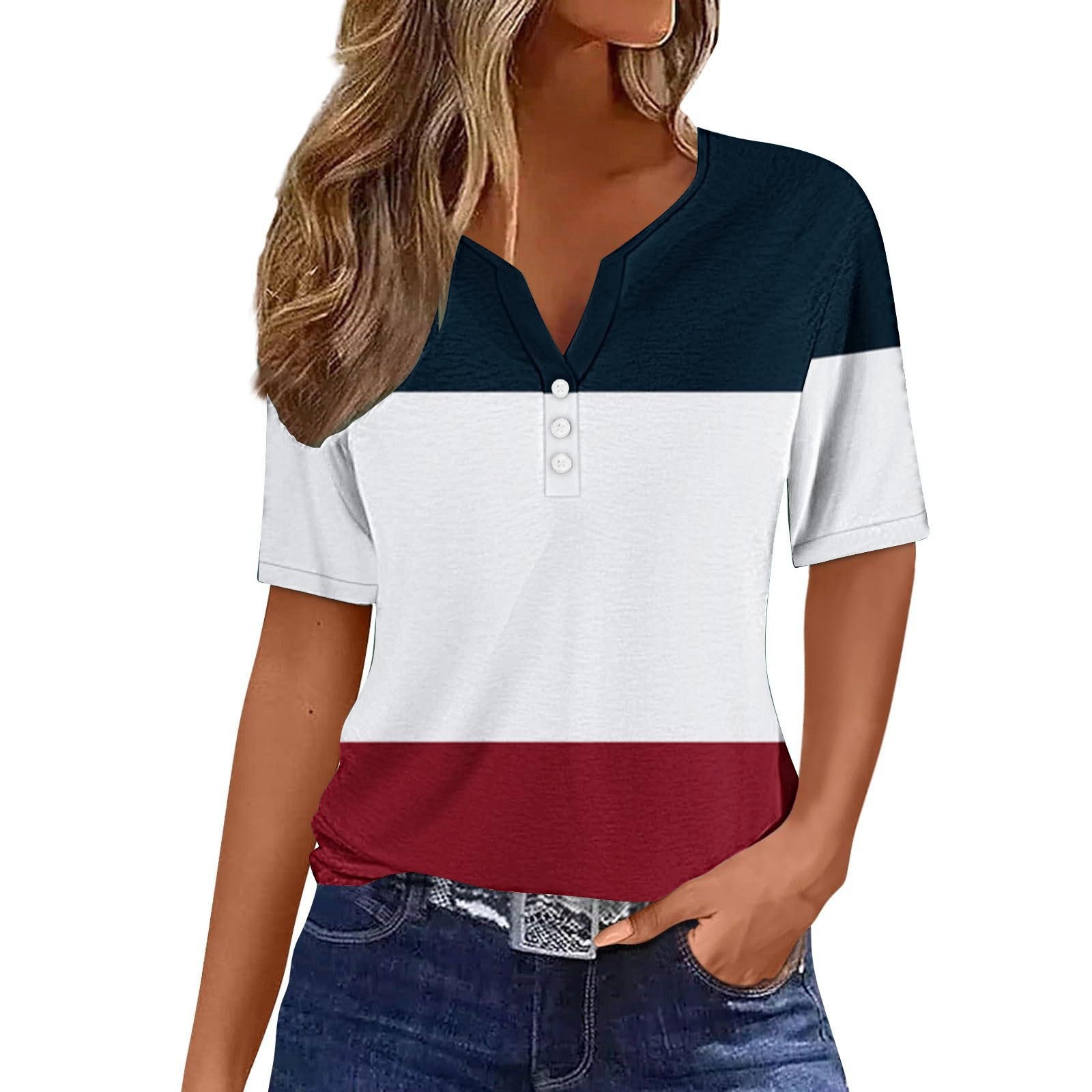 Women's Short Sleeve Color Block Button Slim Fit Top