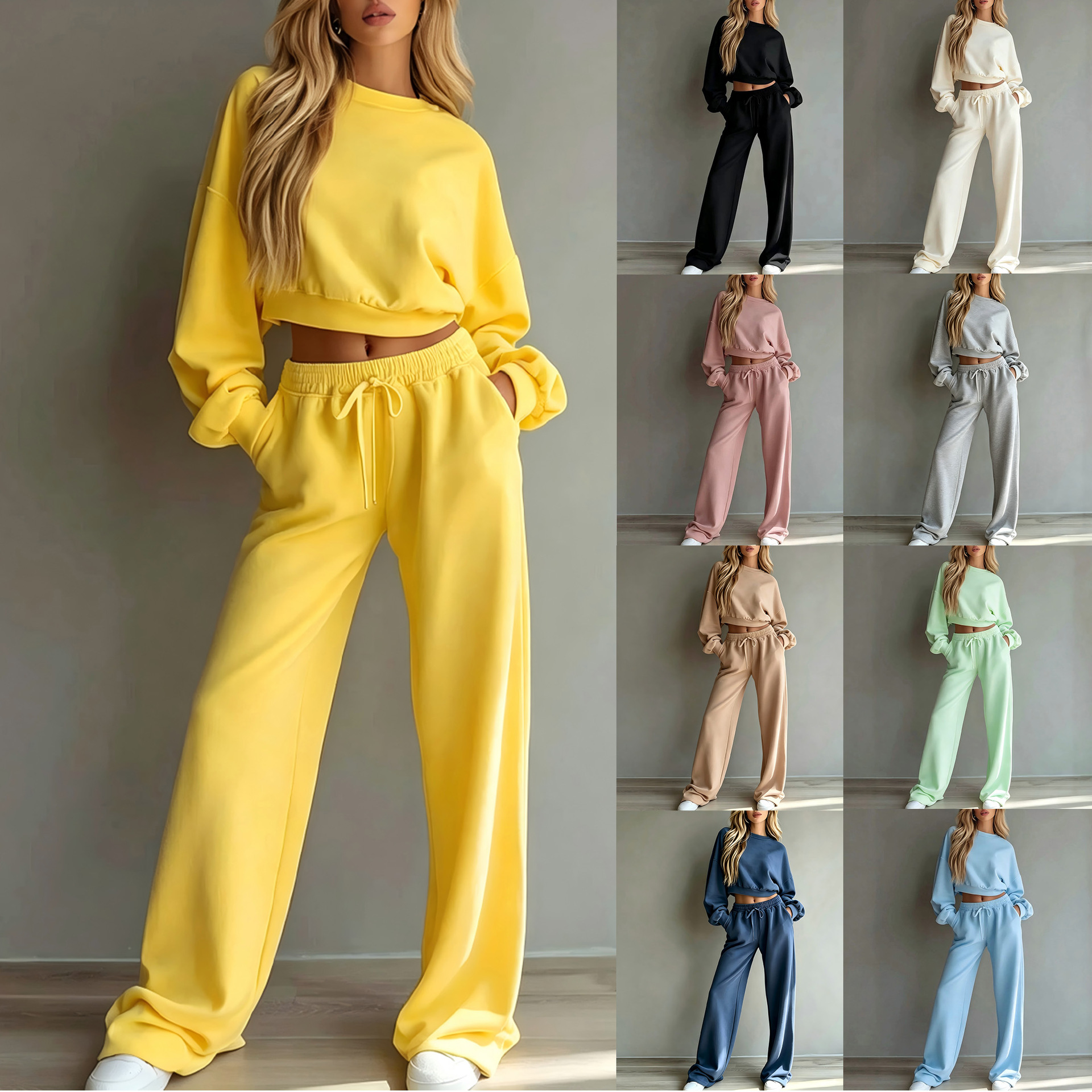 Women's Casual Long-Sleeve Sweatshirt and Wide-Leg Pants Set