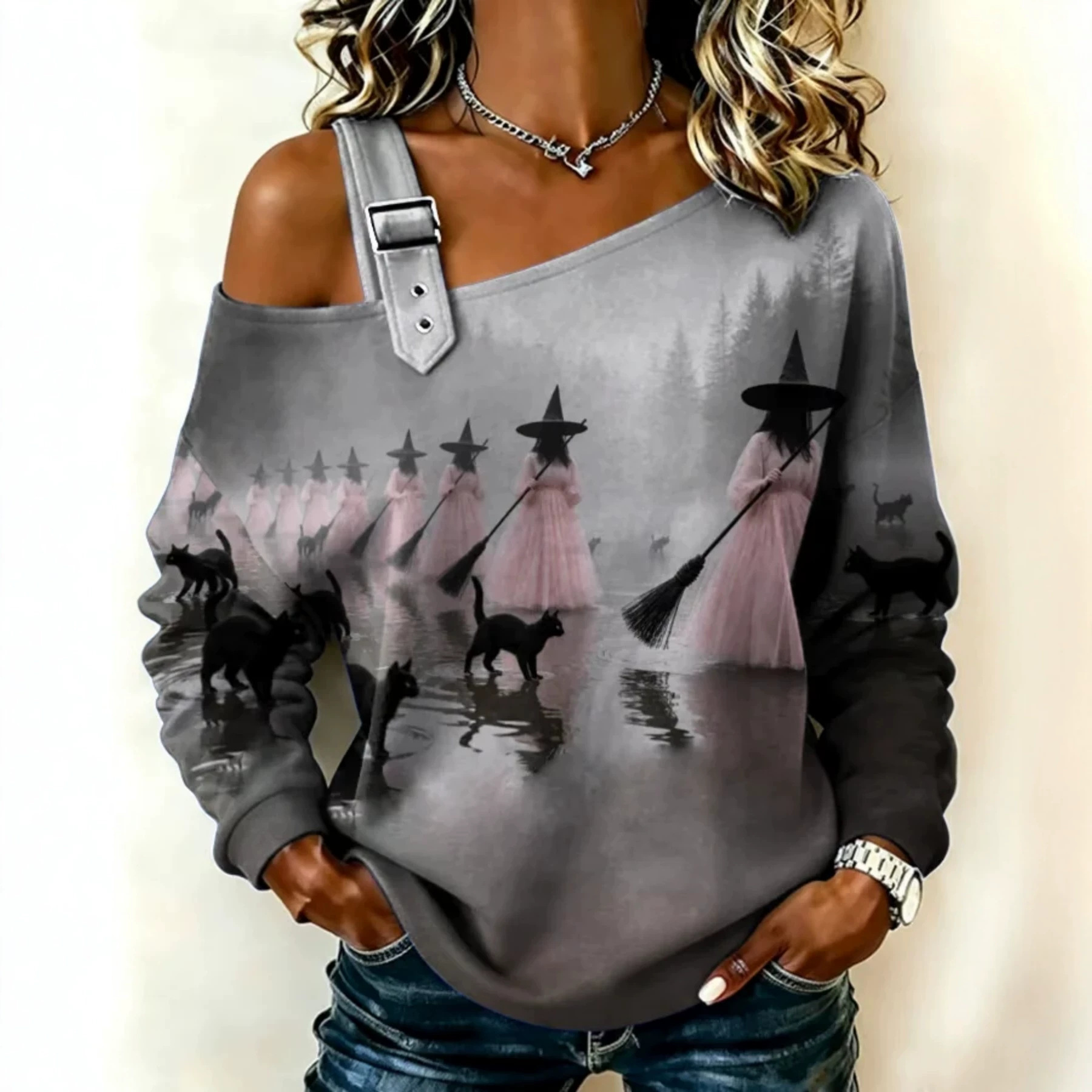 Halloween Witch Cat Print Crewneck Long-Sleeve Lace-Up Sweatshirt