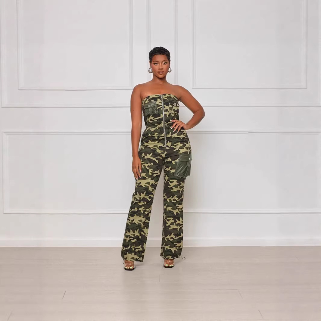 Women's Off-Shoulder Camo Jumpsuit with Elastic Waist and Zip