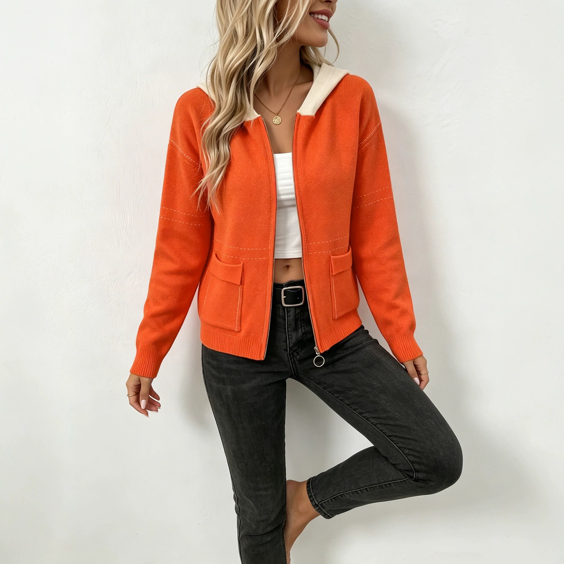 Women's Ribbed Knit Zip-Up Hooded Cardigan with Pockets