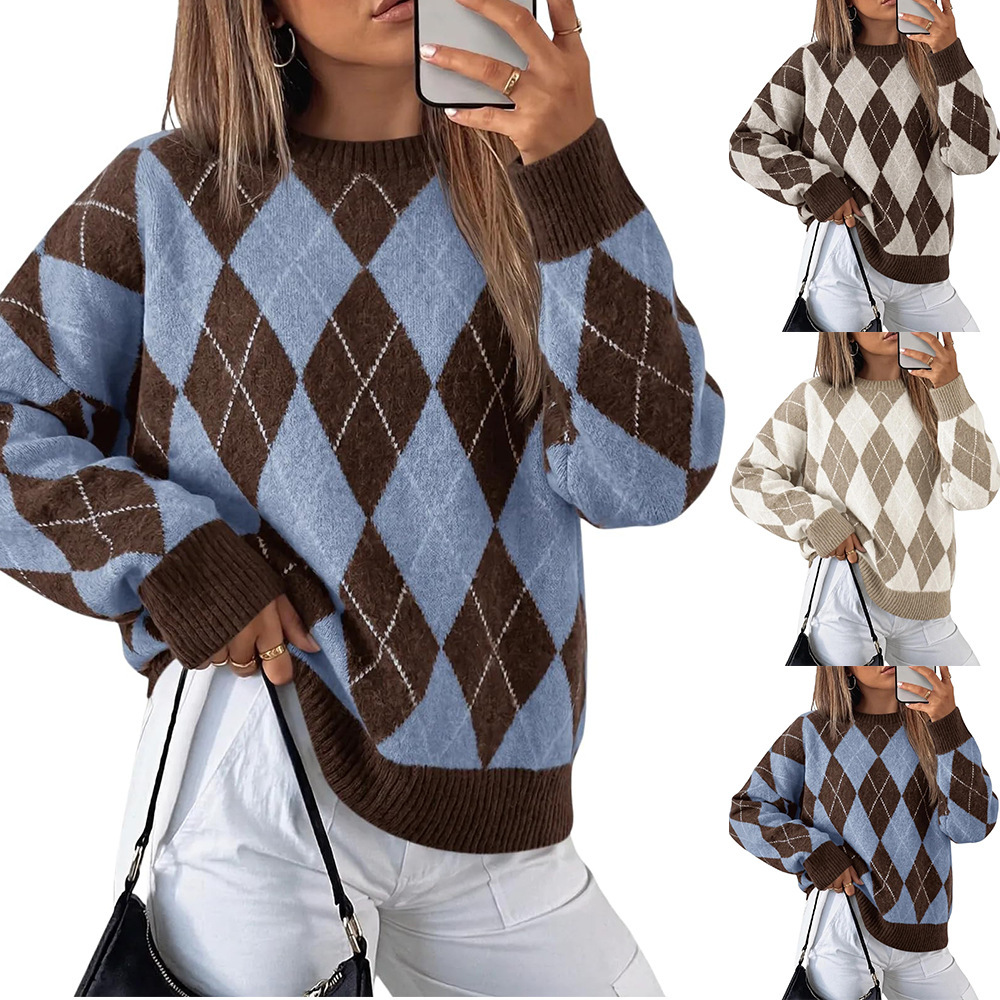 Women's Loose Color-Block Argyle Crewneck Sweater