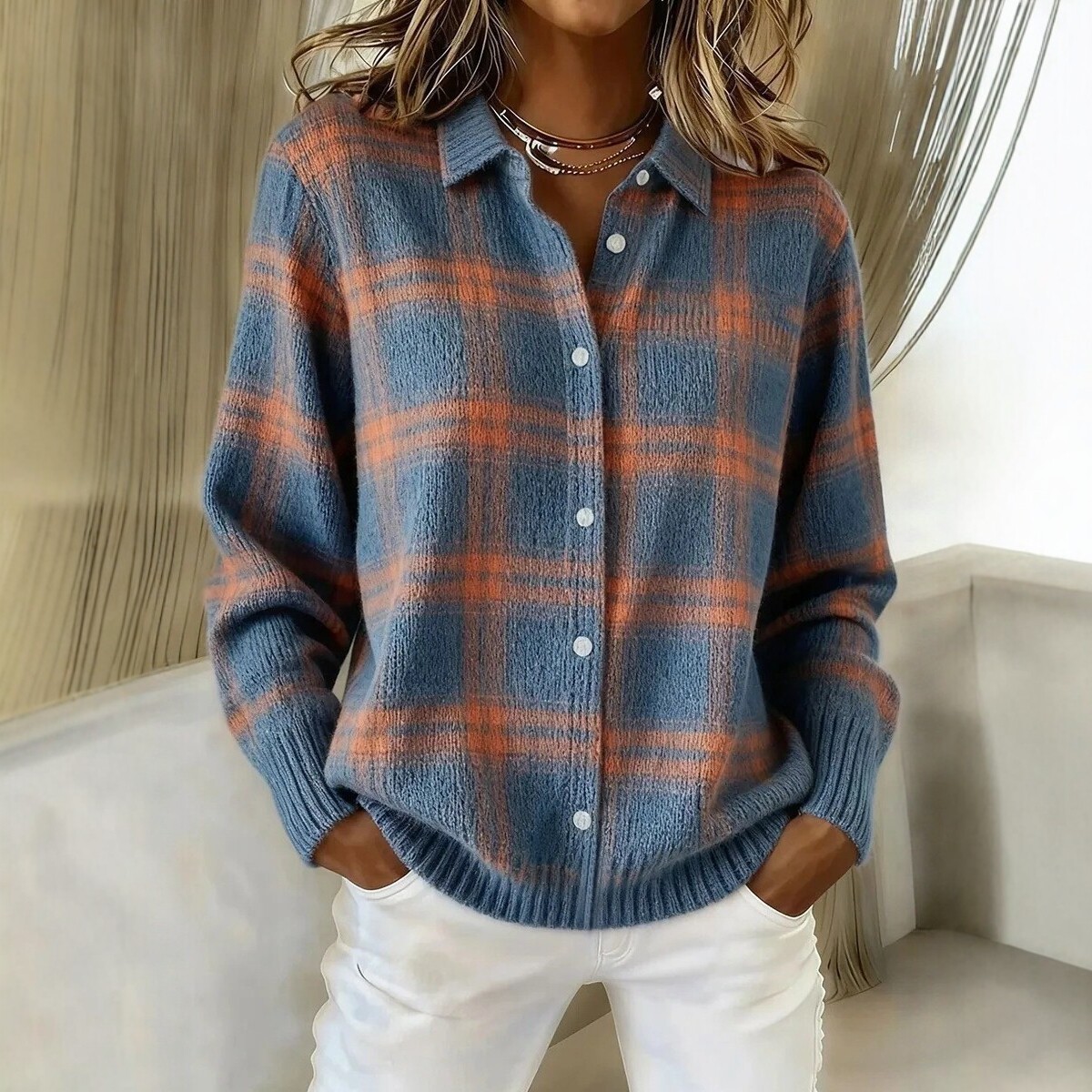 Women's Plaid Long Sleeve Collared Cardigan Sweater