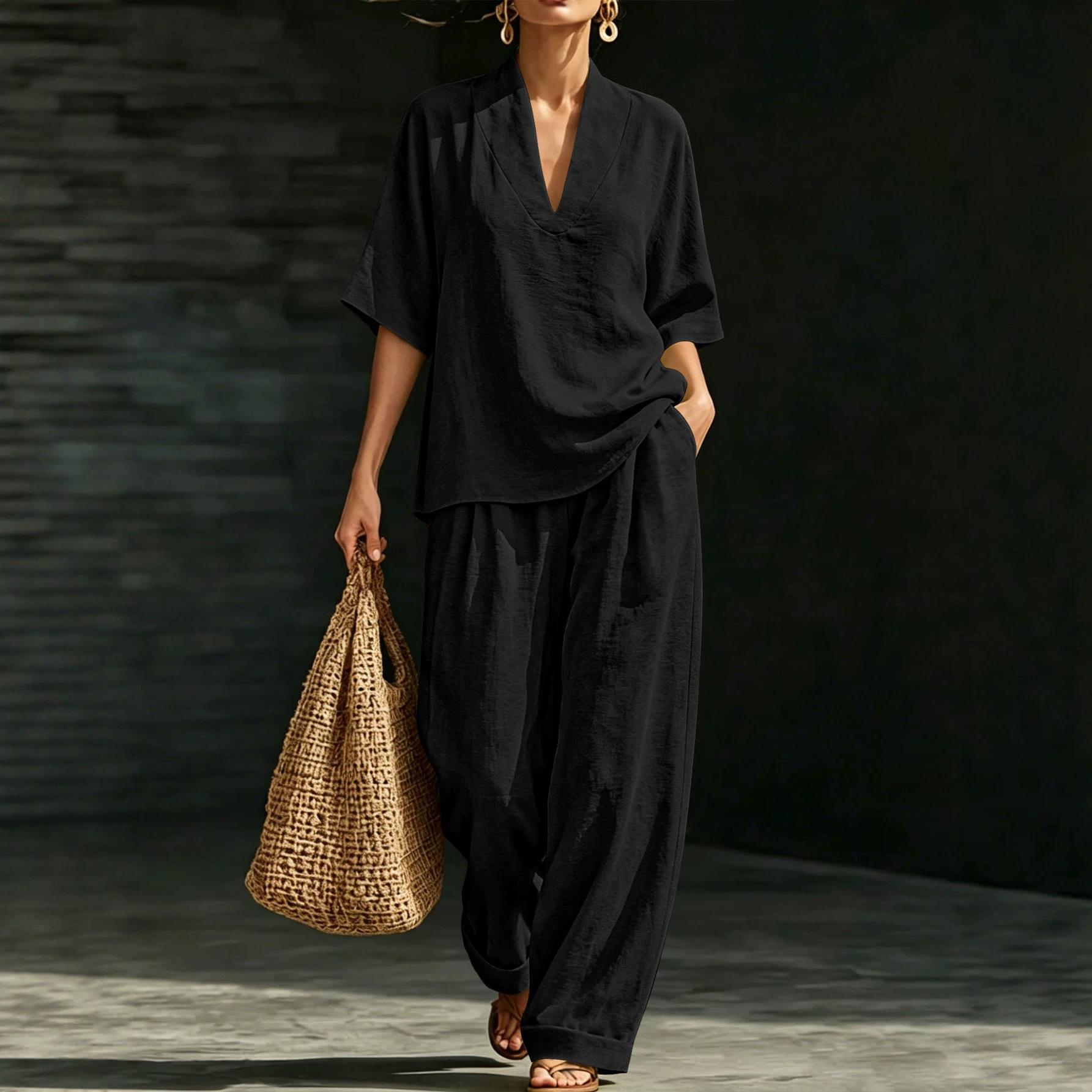 Lazy Style V-Neck Short Sleeve Top and Wide-Leg Pants Two-Piece Set