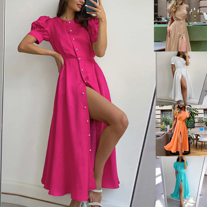 Solid Color High Waist Button-Front Midi Cardigan Dress
