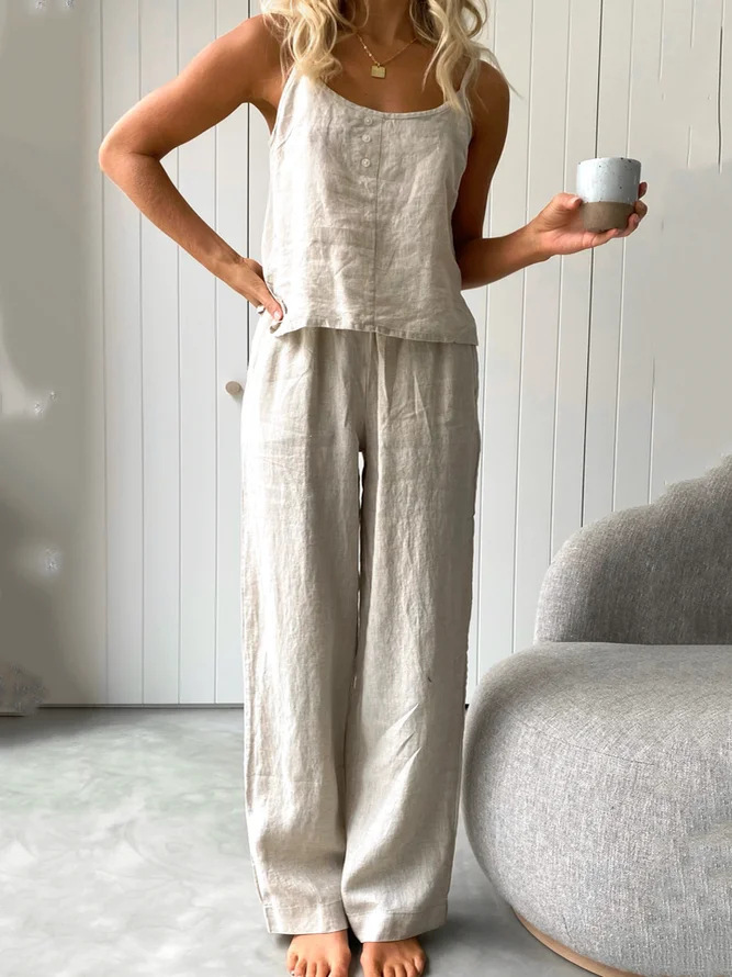 Cotton Linen Sleeveless Cami & Long Pants Two-Piece Set