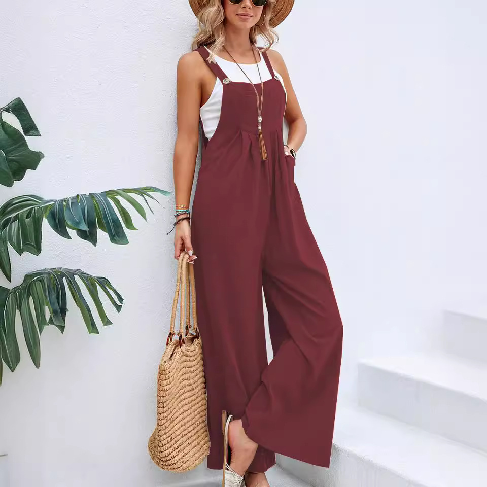 Women's Solid Color Casual Straight-Leg Overalls Vintage Style