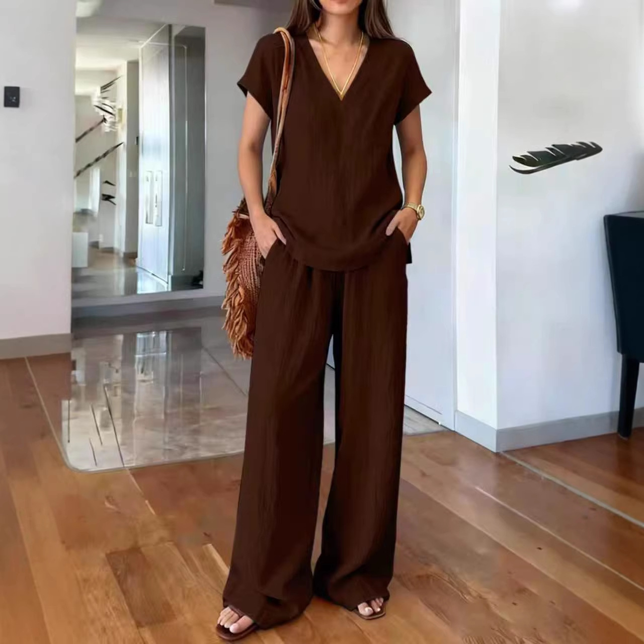 Women's Solid Color Summer Two-Piece Pants Set with T-Shirt